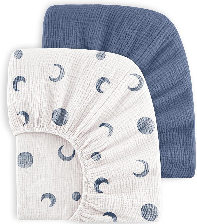 Bearmoss Muslin Crib Sheets 100% Cotton Baby Crib Sheets Soft&Breathable Nursery Sheet 52"x28" for Standard Crib Mattress&Toddler Bed Mattress - 2 Pack (Blue Crescent) - Image 1